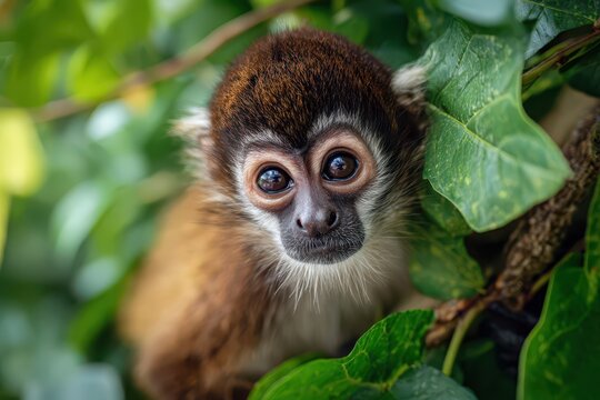 Close-up photograph of a cute spider monkey in lush tropical jungle