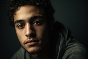 Fototapeta premium Front-view portrait of a young man under harsh, moody studio lighting