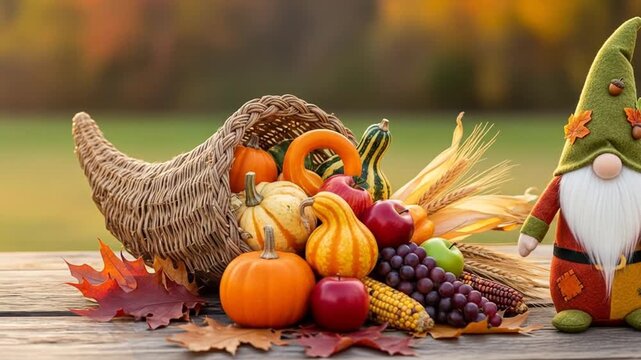 A cornucopia overflowed with gourds, fruits, and grains, next to a cheerful gnome