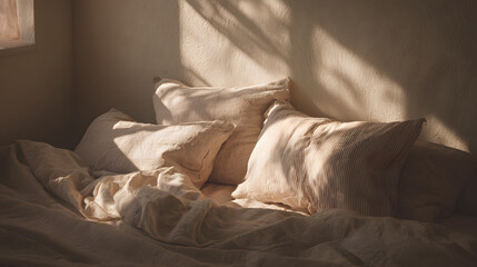 Minimal cozy bedroom with linen fabrics, soft morning sunlight, calm peaceful atmosphere, cinematic interior photography