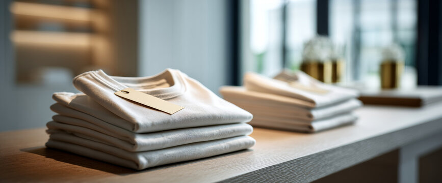 Stacks of neatly folded white t-shirts with blank tags on a wooden retail display table in a modern store interior