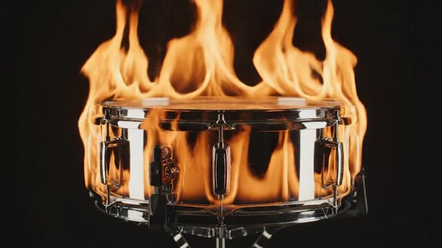 A powerful, close-up shot of a shining chrome snare drum engulfed in vibrant, dynamic flames against a stark dark background. Fiery orange and yellow hues dance around the instrument, creating dramati