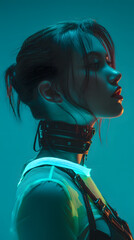 Minimal futuristic female portrait with soft neon glow, cyber fashion, cinematic lighting, ultra sharp editorial photography