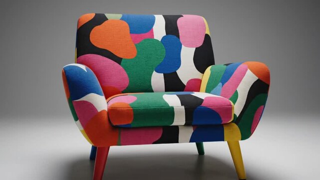 A modern and boldly designed armchair stands out with its vibrant, multicolored abstract pattern, featuring an array of irregular shapes in hues of orange, blue, pink, green, yellow, black, and white.