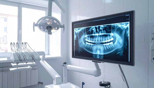 Dental clinic with a monitor displaying a 3D X-ray image of teeth on the wall near a dental chair and equipment