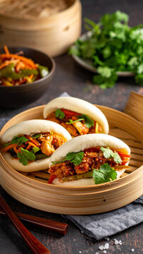 Sweet chili chicken bao buns with pickled vegetables and fresh cilantro on bamboo tray.