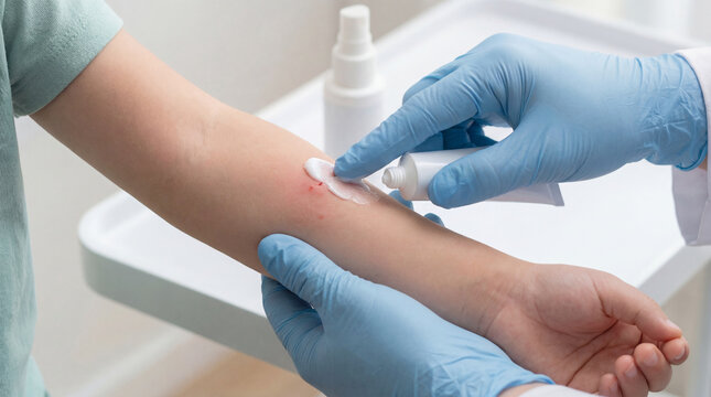 Medical professional hand in blue glove applying soothing white ointment cream on red insect bite or allergic rash on little child arm during clinic visit