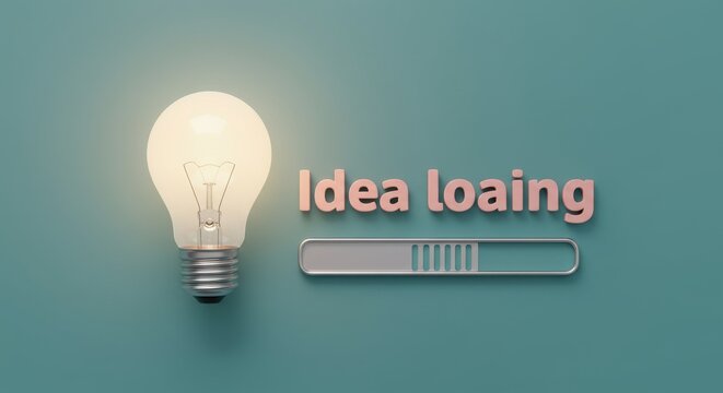 A glowing lightbulb symbolizing idea loading beside a progress bar on a teal background from a frontal viewpoint