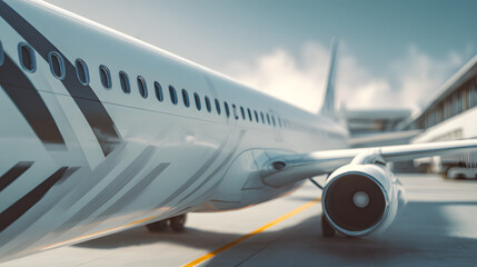 minimal white airline livery, orthographic view, clean graphic design aesthetic, realistic side-profile commercial airplane tail section at airport gate, telephoto side angle, minimal white airline