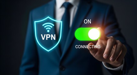 Businessman activating a VPN connection with a glowing green toggle switch and a shield icon displaying "VPN" and a Wi-Fi symbol, illustrating internet security and privacy.
