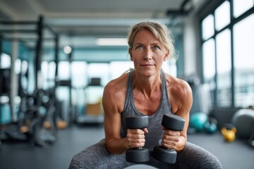 Fototapeta premium Determined mature woman performing a dumbbell squat in a modern gym