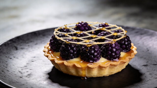 Blackberry tart on matte charcoal plate with a glossy finish and elegant design