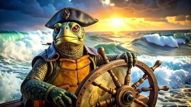 Turtle pirate captain at helm of ghost ship
