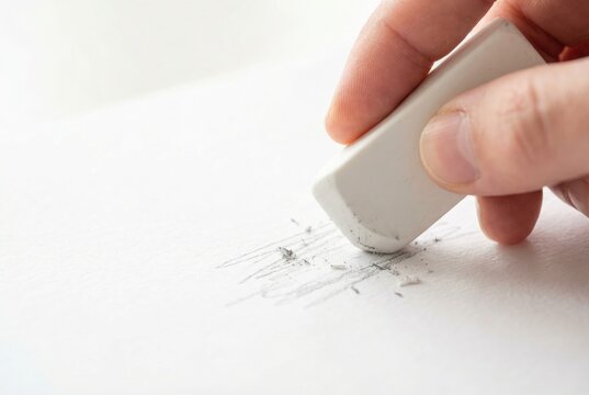 Hand holding a white eraser and correcting a pencil sketch on a piece of white paper.