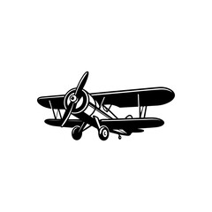A detailed black and white vector illustration of a vintage biplane. This high-contrast retro aviation graphic features a propeller and dual wings on a white background. © Kotliar Ivan