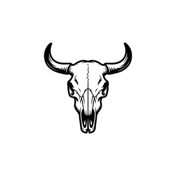 A detailed black and white vector illustration of a bull skull with large curved horns. A high-contrast desert-style graphic isolated on a clean white background