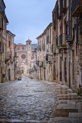 Obraz premium Scenic vertical view of a narrow medieval cobblestone street in Siguenza Spain leading towards the historic stone cathedral under a moody winter sky featuring traditional spanish architecture