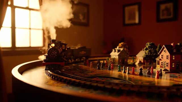 Miniature train set with steam, houses, tracks and game pieces on a round table indoors.