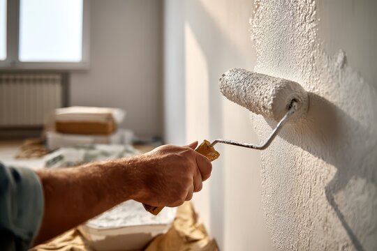 Close-up of a hand guiding a paint roller on an interior wall during painting