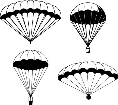A set of four black and white vector illustrations of parachutes in flight. The collection features both round and rectangular canopy designs isolated on a white background.