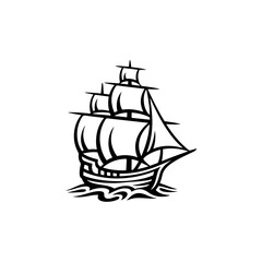 A bold black and white vector illustration of a classic sailing ship on waves. This high-contrast graphic features stylized sails and flags on a white background.