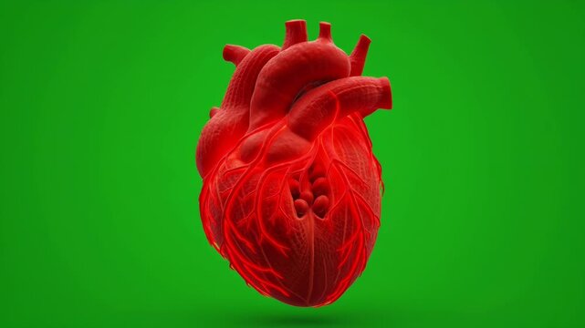 Anatomically Correct Red Human Heart with Blood Vessels on Green Background