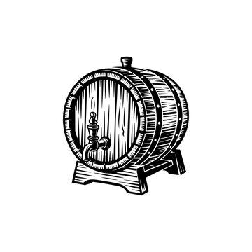 A bold black and white vector illustration of a traditional wooden barrel with a tap on a stand. This high-contrast graphic features detailed wood grain and texture.