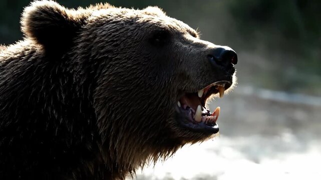 Dramatic closeup of a snarling brown bear with open mouth showing teeth in sunlight. Wild animal and wildlife concept.