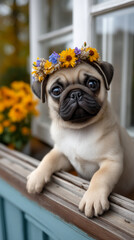 Cute pug with flowers by the window. A pug sits at a window with a flower crown. Flowers are outside, creating a bright and colorful scene in spring.