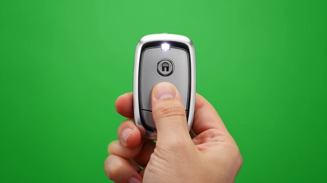 A hand presses the unlock button on a modern car key fob