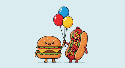 Cute cartoon burger and hot dog celebrating with colorful balloons. © suhadi