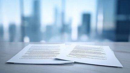 Obraz premium Documents on a table with a city view. Two sheets of documents lie on a table with a city skyline visible in the background during daytime.