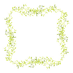 Fototapeta premium Watercolor square frame made of delicate green leafy branches. Light botanical border with soft natural foliage for wedding invitations, greeting cards and elegant stationery design.
