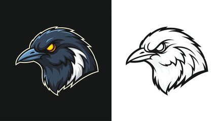 Fototapeta premium Stylized mascot logo design featuring an angry crow or raven head in color and black and white outline versions.