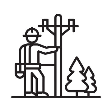 Lineman working on a utility pole near trees simple line art style