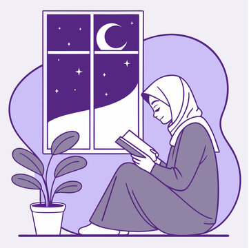 A Muslim woman sitting peacefully by the window, reading the Quran at night under the moonlight. Concept of Tadarus, midnight prayer (Tahajjud), and spiritual reflection during Ramadan.