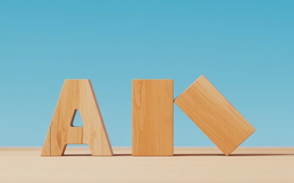 Wooden letters forming the word AIK on a table against a blue background from a straight-on viewpoint