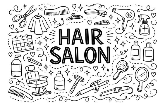 Doodle hair salon tools and equipment set for stylish beauty design