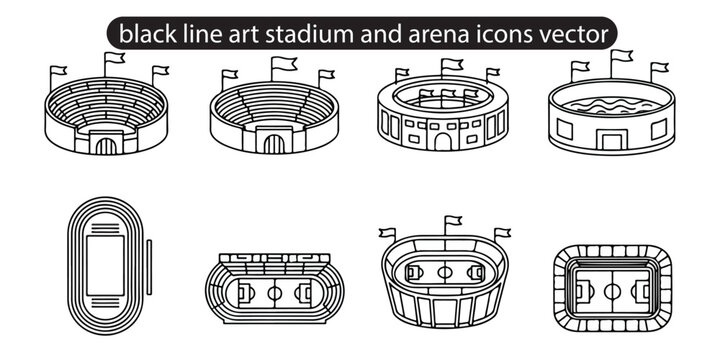 Stadium and arena icons vector, simple bold uniform stroke outlines, no fill no shading, high contrast monochrome