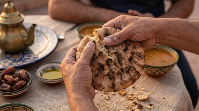 Hands breaking bread during Ramadan iftar meal