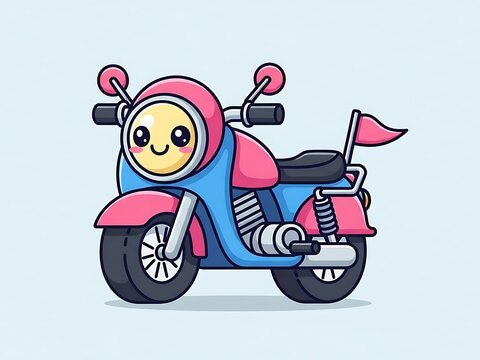 Smiling cartoon motorcycle with pink flag.