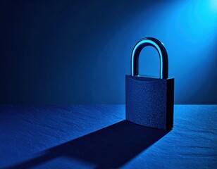 Fototapeta premium Locked padlock in blue light casting shadows on a textured surface security and protection theme.