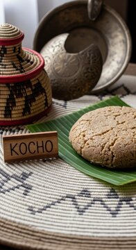 Traditional Ethiopian Kocho Fermented Enset Bread on Banana Leaf with Shemma Mat and Acacia Sign