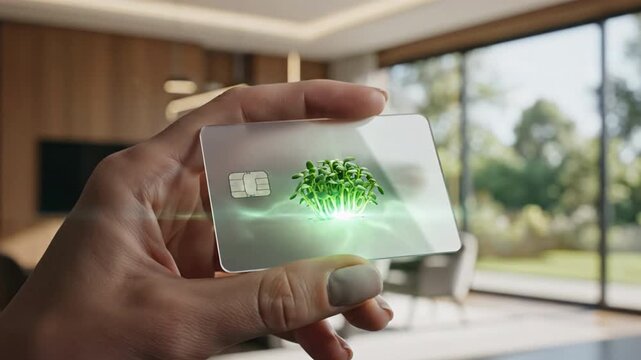 Frosted Glass ESG Credit Card with Glowing Green Sprout in Sustainable Finance Concept
