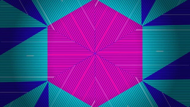 An animation featuring a radial sixfold geometric composition in vibrant blue, pink, and cyan tones with dynamic glitch distortion effects.