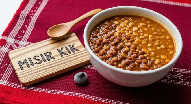 Ethiopian Misir Kik Red Lentil Stew in White Bowl with Acacia Plaque on Traditional Shemma