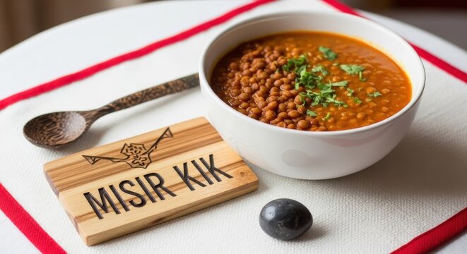 Ethiopian Misir Kik Red Lentil Stew in White Bowl with Acacia Plaque on Traditional Shemma