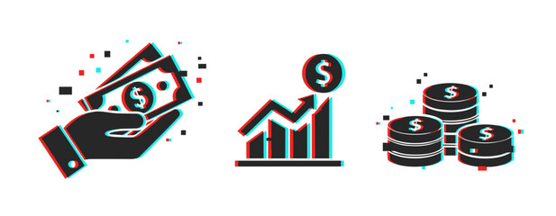 Obraz premium Abstract financial illustration: money, growth chart, coin stacks with glitch effect