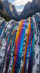 Fototapeta premium Iridescent geological marvel close-up of colorful mineral set against majestic mountains