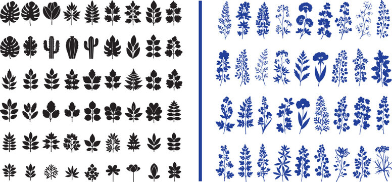 Comprehensive vector collection featuring a large grid of black leaf and botanical silhouettes alongside a vibrant blue set of detailed wildflower and herbal plant illustrations.